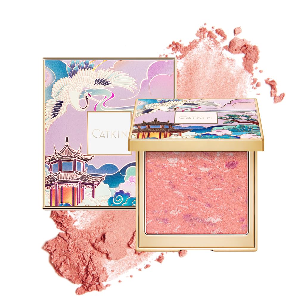 CATKIN Powder Blush for Cheek Blusher Natural Shimmering Blush & Highlight 2 in 1 Creamy Blendable Baked Blush Palette 10g C02 L