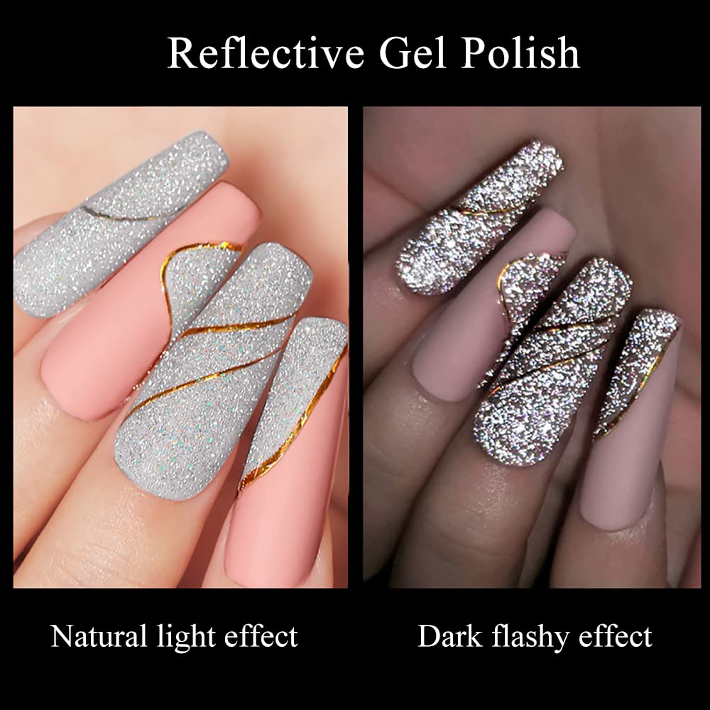Mizhse Reflective Glitter Gel Nail Polish, Silver Nail Gel Sparkly Shiny Gel Polish, Soak Off Nail Art Salon Varnish For Beginne