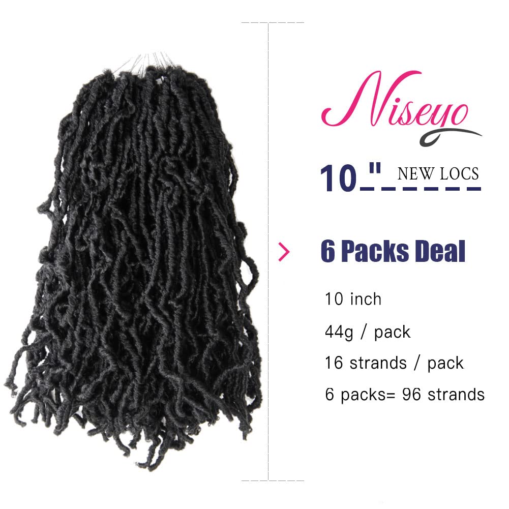 Niseyo 10 Inch Soft Locs Short Pre-looped New Faux Locs Crochet Hair 6 Packs (10 Inch, 2#/Off Black)