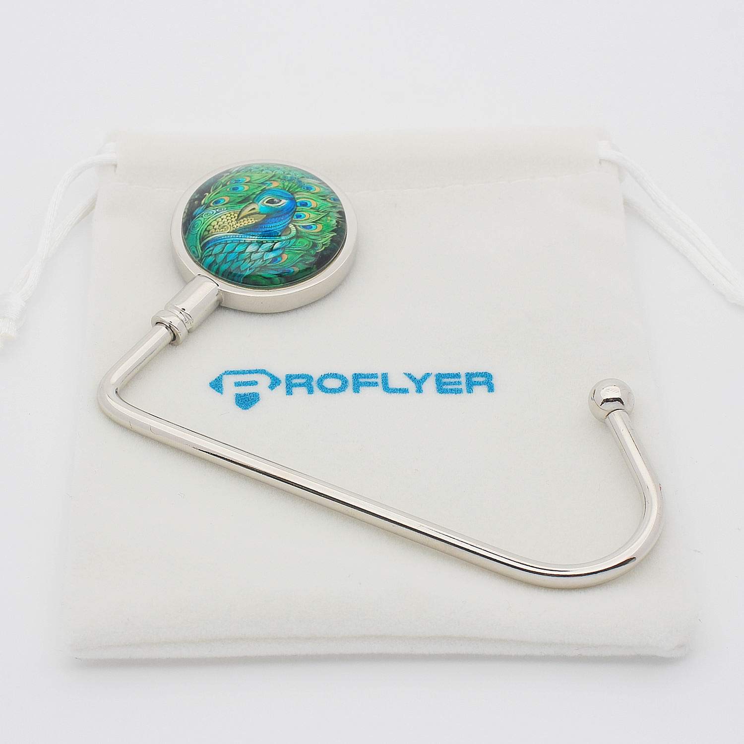 ROFLYER Purse Hook Hanger for Table Bar Long Handbag Hanger Bag Hanger with Velvet Pouch (King Peacock)