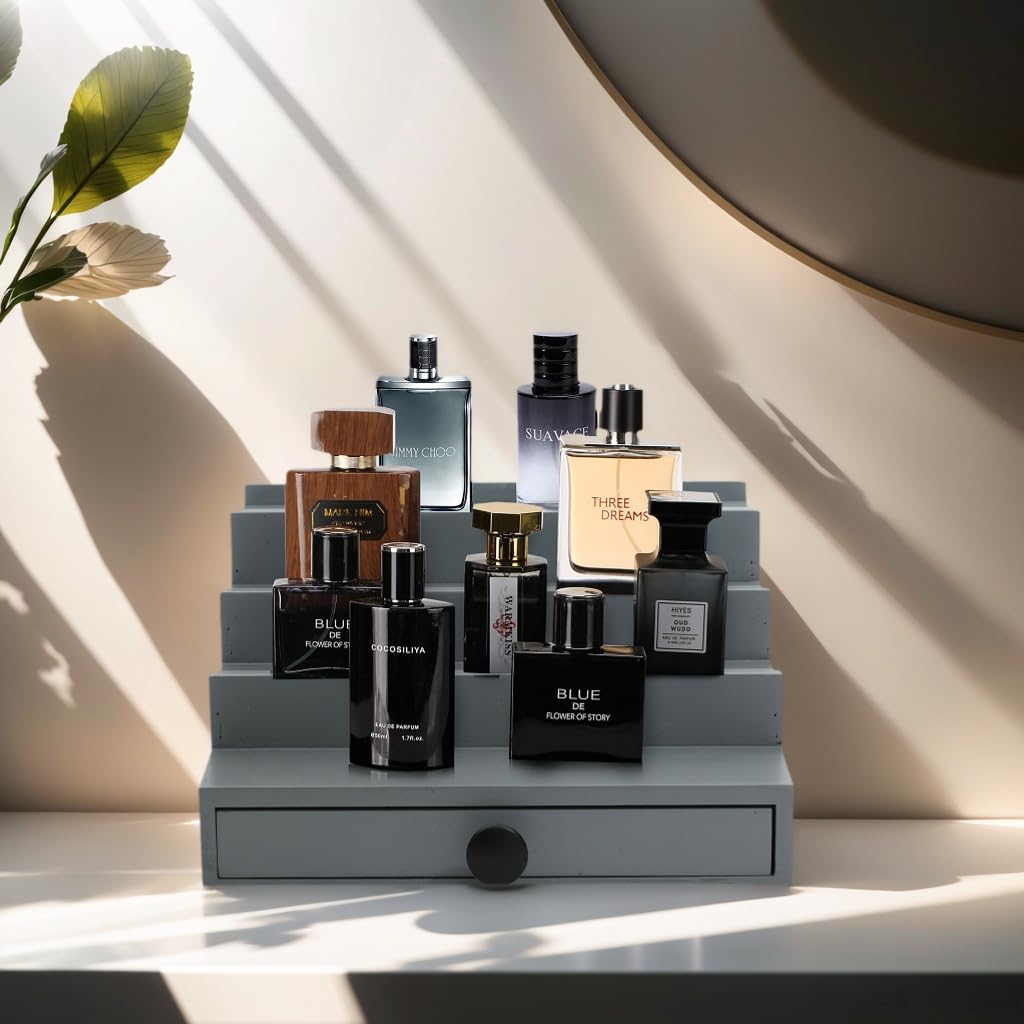 Fengligoo Cologne Organizer for Men - 4 Tier Wooden Grey Cologne Display Stand with Drawer and Hidden Compartment, Mens Cologne