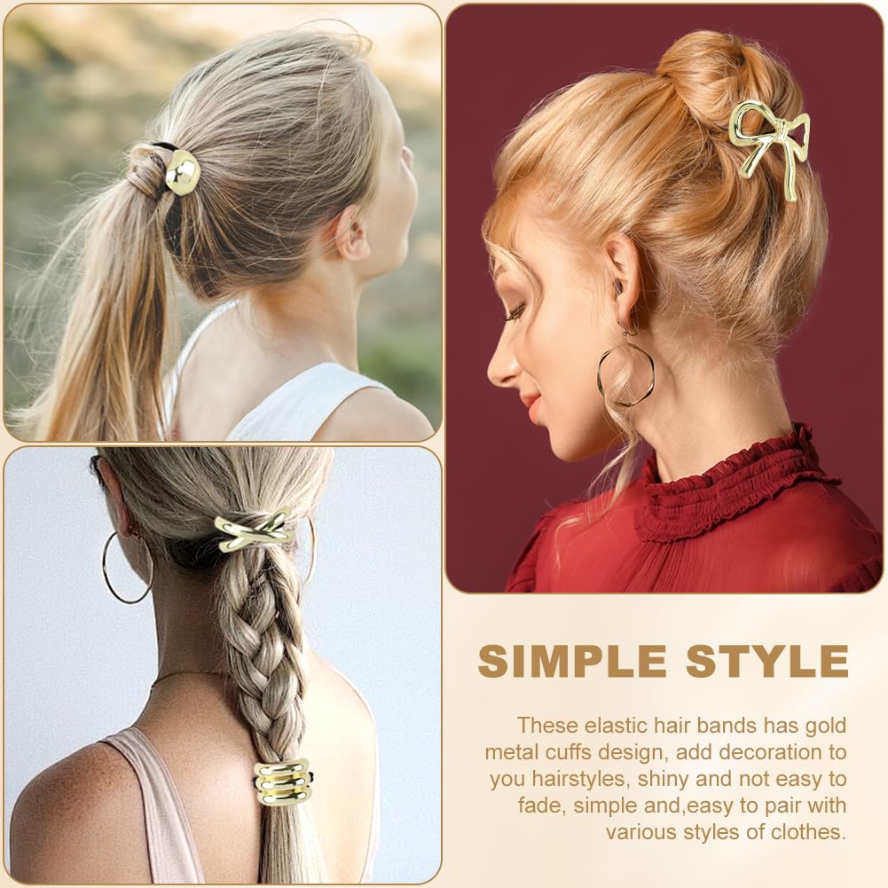 8Pcs Hair Ties,Metal Gold Elastic Hair Cuffs,Metal Geometric Elastic Hair Ties,Gold Ponytail Cuff Elastic Hair Ties,Gold Hair Cu