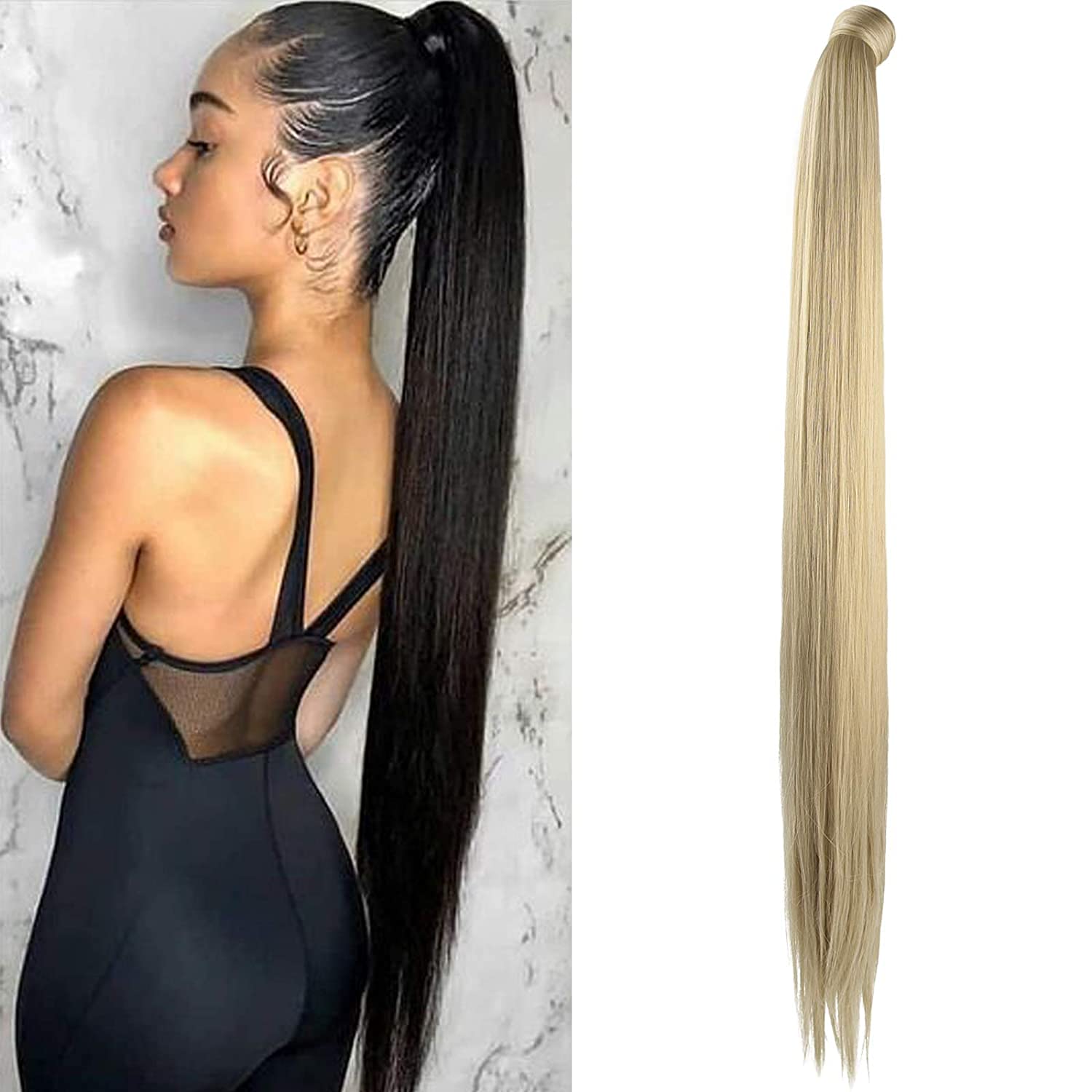 SEIKEA Clip in Ponytail Extension Wrap Around Long Straight Pony Tail Hair Synthetic Hairpiece for Women 35 Inch Color Ash Blond
