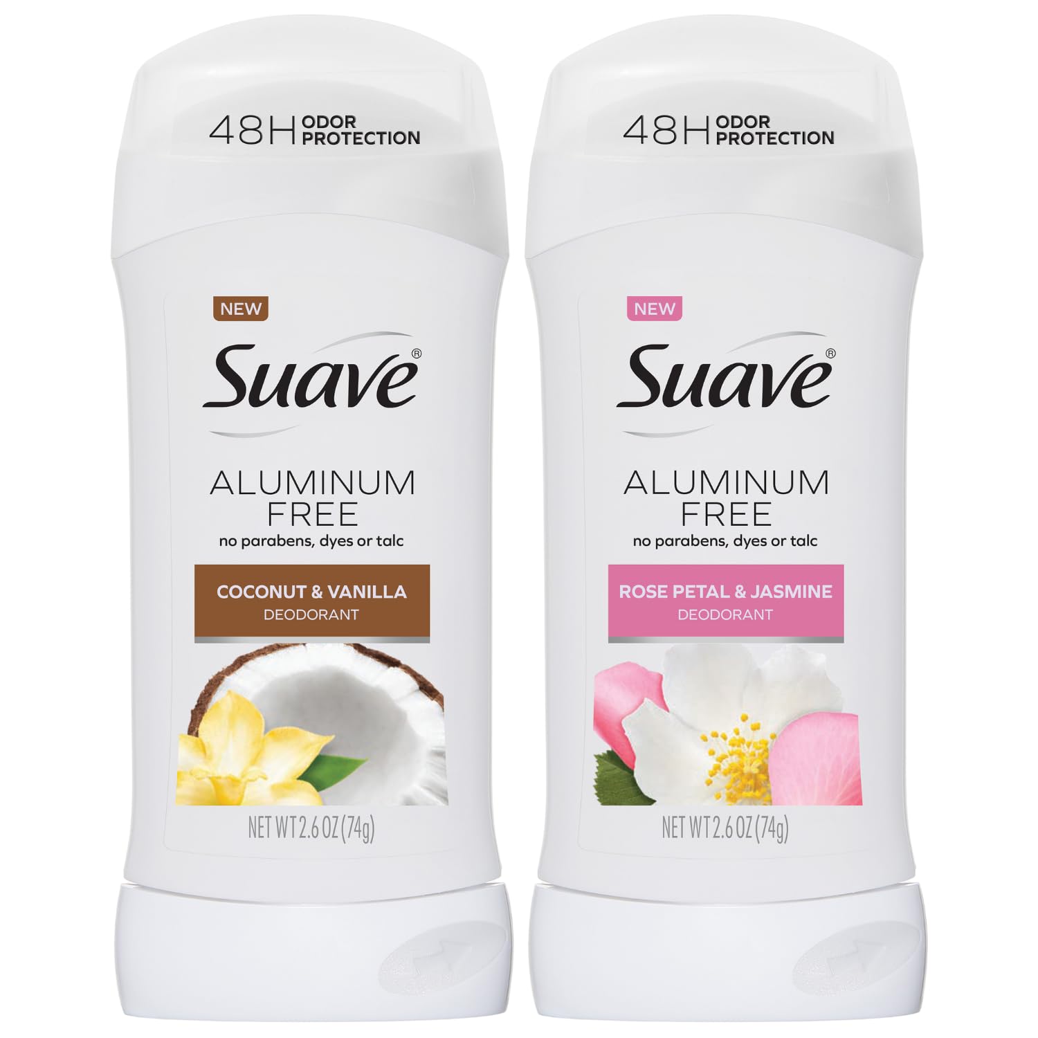 Suave Aluminum-Free Deodorant Variety 2-Pack - Coconut & Vanilla + Rose Petal & Jasmine, 48H Odor Protection, Free Of Parabens,