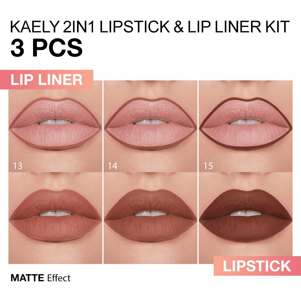 Kaely 3Pcs Gradient Matte Lipstick Lip Liner Pencil Set for Women, 2in1 Flawless Contour Gradual Ombre Effect Lip Pencil Makeup