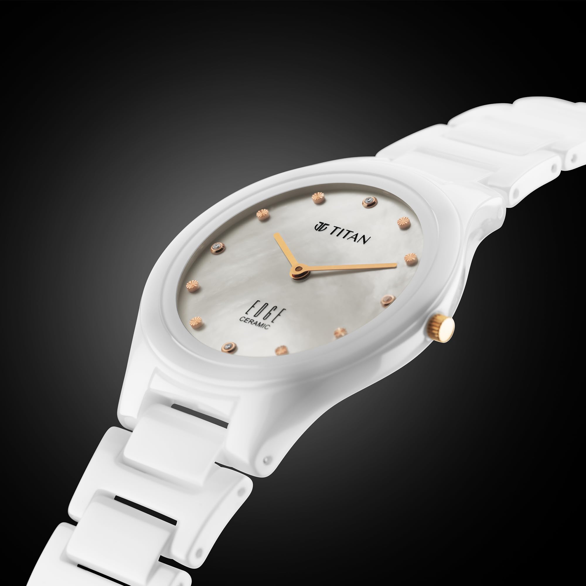 Edge Titan Ceramic Dress with Diamonds Quartz Analog Ceramic Strap Watch for Women, White, Modern
