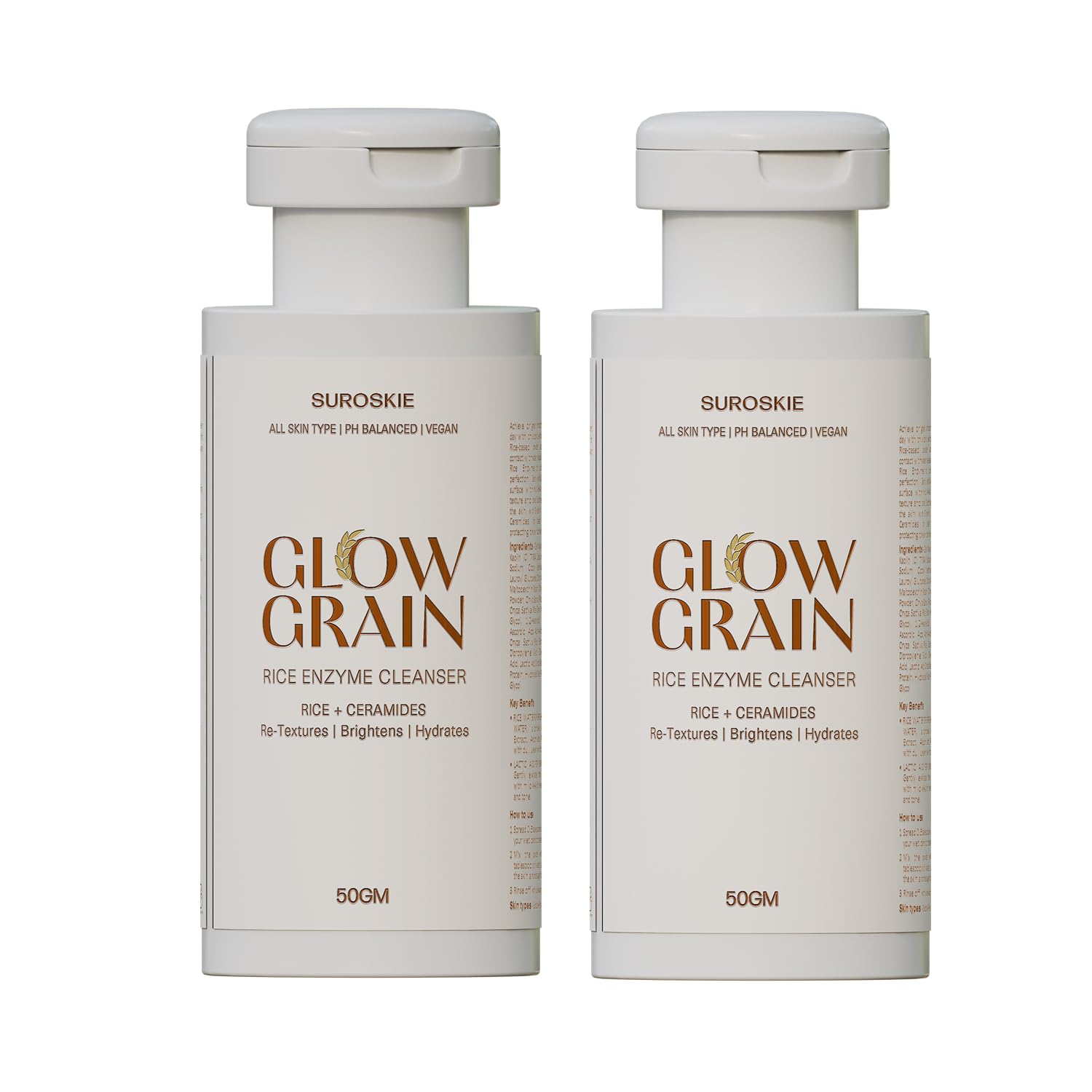 Suroskie Glow Grain Rice Enzyme Cleanser 50Gm (Pack Of 2) | Ceramide & Lactic | Cleansing Foaming Facewash Powder For Hydrated, 