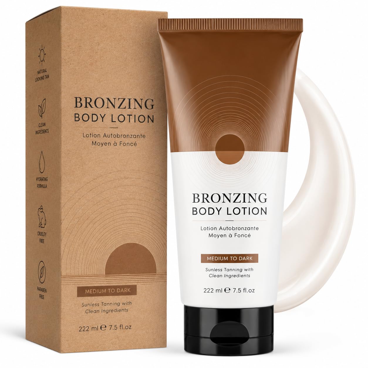 Bronzing Body Lotion, 7.5 fl oz Sunless Tanning Lotion, Medium to Dark Body Bronzer, Smooth Self Tanner Lotion for NaturalLooki