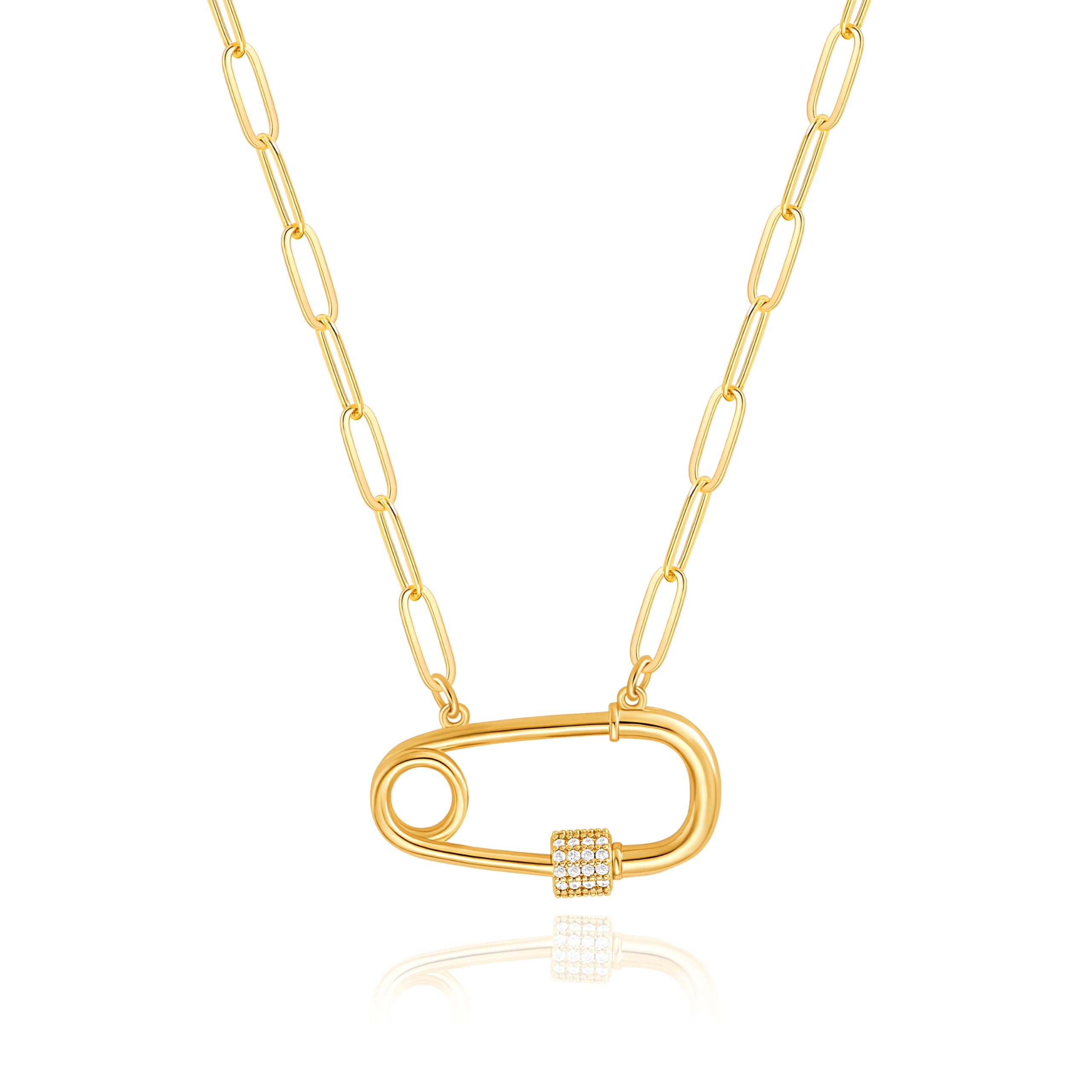 Aobei Pearl 18K Gold Safety Pin Pendant Necklace Paperclip Chain Choker Dainty CZ Pave Screw Lock Layering Jewelry for Women