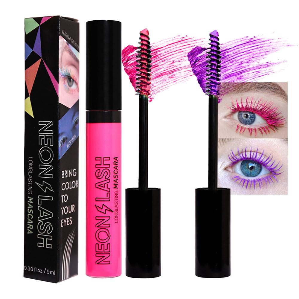 2 Colored Mascara For Eyelashes Set,Red Purple Halloween Fluorescent Colorful Waterproof Long Lasting Charming Voluminous Mascar
