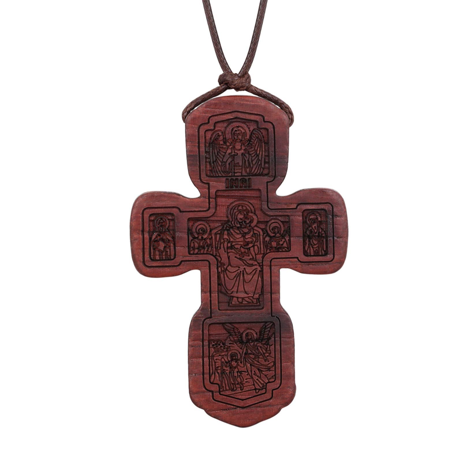 COTTVOTT Wood Orthodox Cross Pendant Necklace Christian Crucifix Necklace Prayer Jesus for Women Men (C-Red Color)