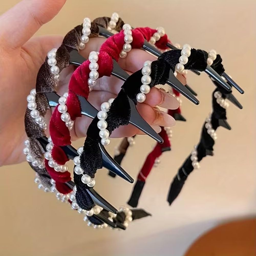 Ashkash 1Pcs Vintage High Cranium Velvet Pearls Beaded Headband With Teeth  Minimalist Solid Color Non Slip Comb Hair Hoop Band