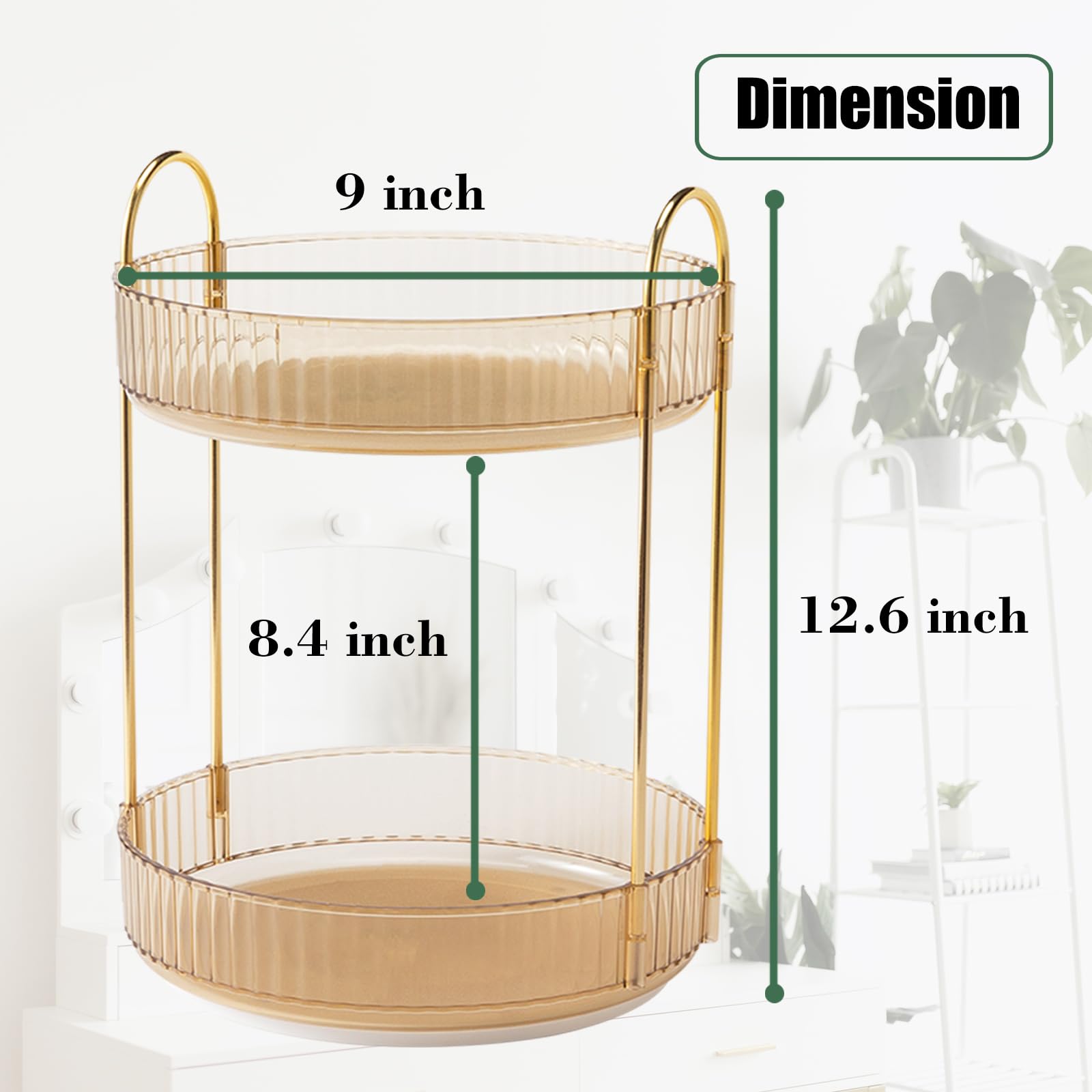 Zufudo Rotating Makeup Organizer 2 Tier Lazy Susan Trays Skincare Perfume Organizer For Bathroom Counter Vanity, Amber Gold