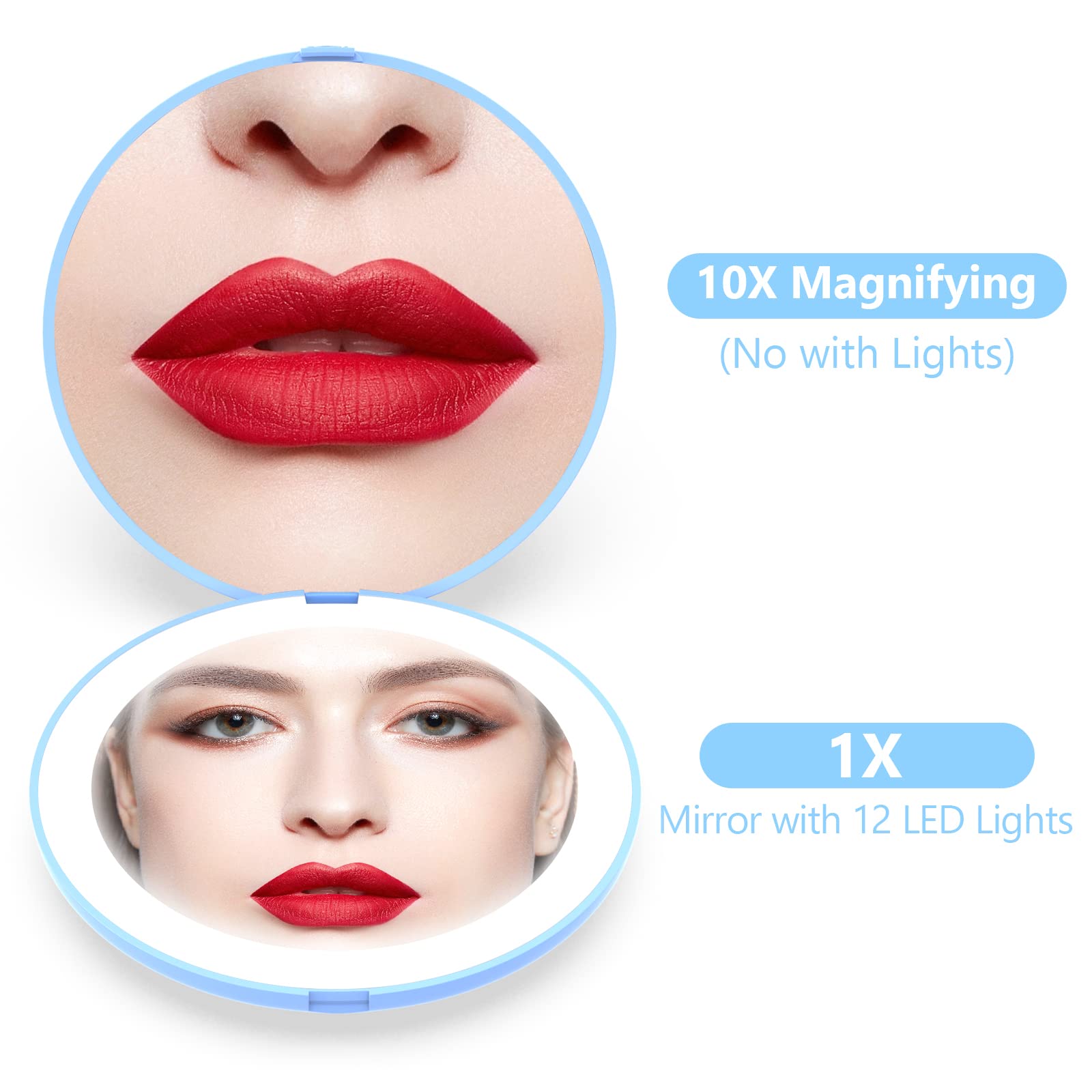 Wobsion Travel Makeup Mirror With Light, 1X/10X Compact Magnifying Mirror,Handheld 2-Sided Pocket Mirror,Led Small Mirror For Pu