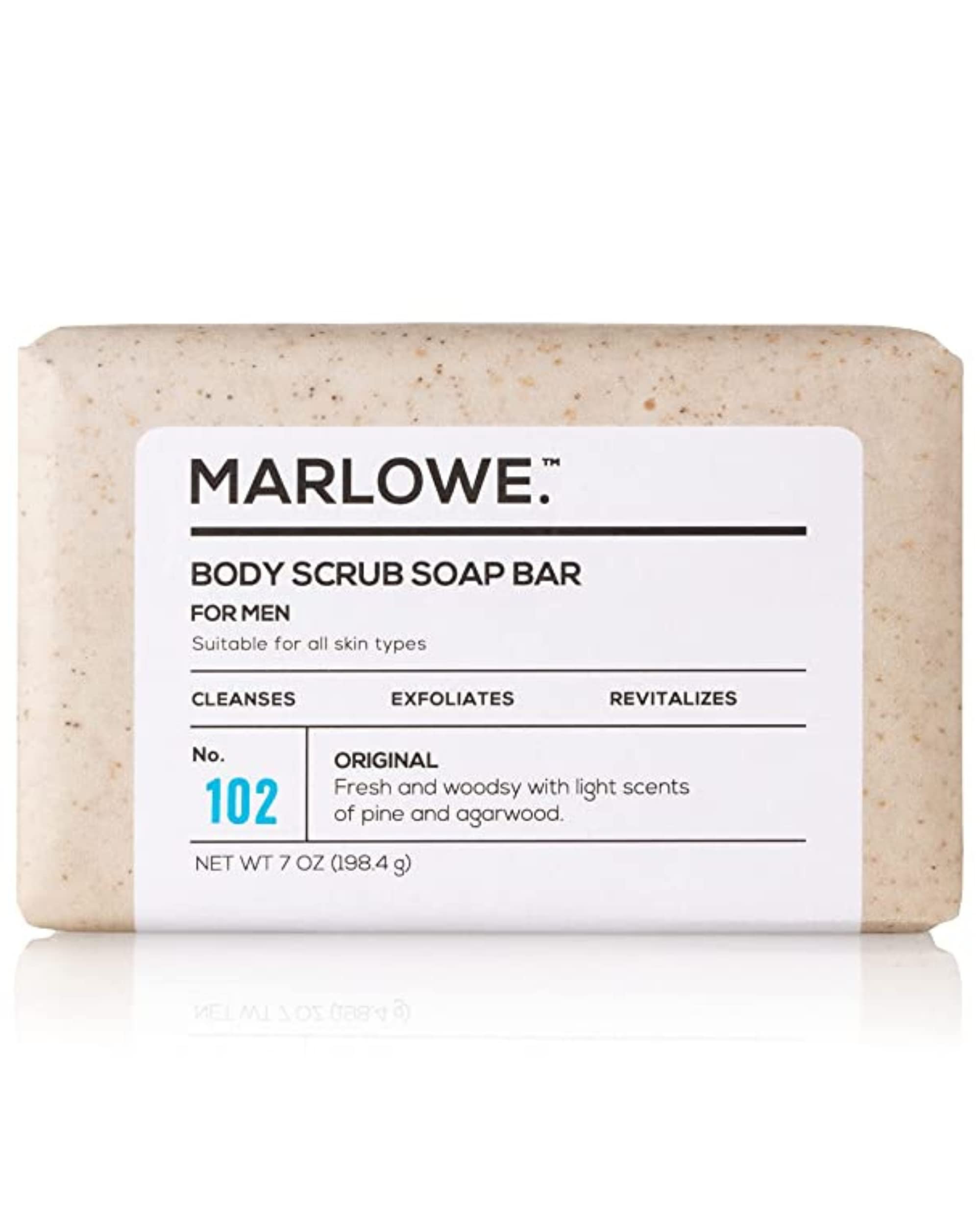 MARLOWE. No. 102 Men's Body Scrub Soap 7 oz, Fresh Original Woodsy Scent, Best Exfoliating Bar for Men, Made with Natural Ingred