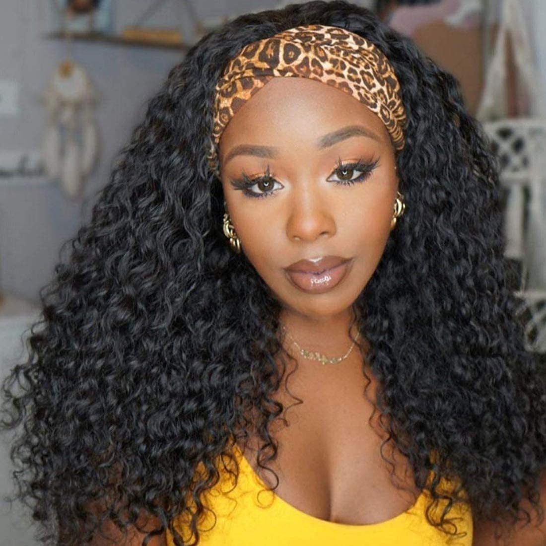 Rebasar Curly Headband Wig 24 Inch Deep Wave Human Hair Wigs for Black Women Human Hair Glueless No Lace Front Wigs Human Hair H