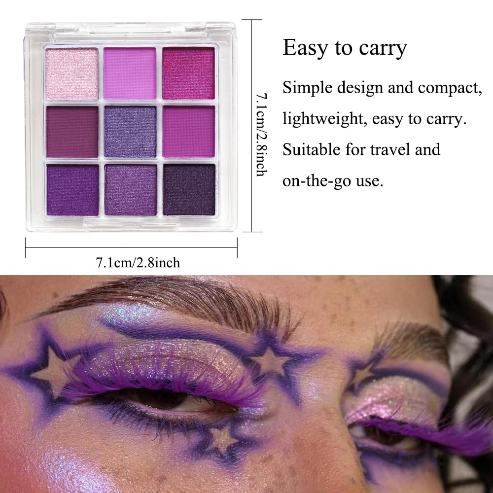 Yeweian Purple Glitter Matte Eyeshadow Palette, 9 Colors Shimmer High Pigmented Eyeshadow Powder, Dream Purple Eye Shadow Palett