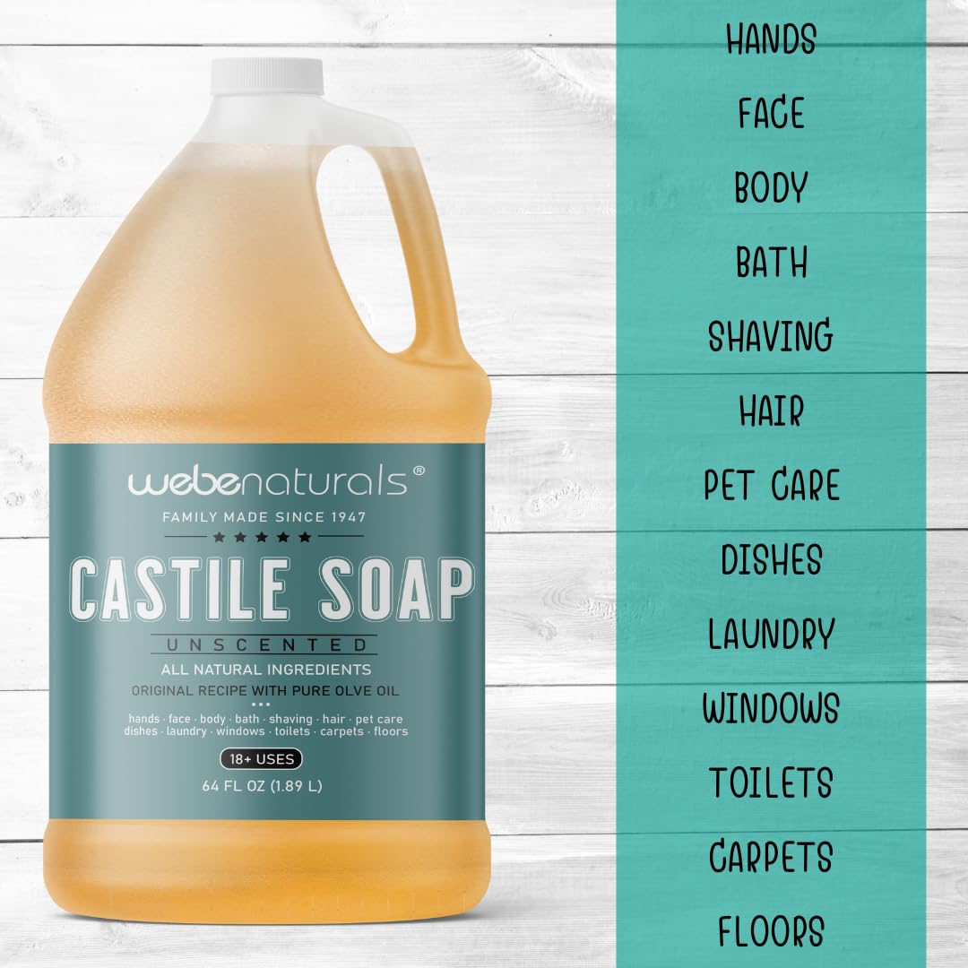 WEBE Pure Unscented Castile Liquid Soap Refill, Vegan & Gluten Free, 64 Fl Oz, For Face, Body, Dishes, Pets & Laundry
