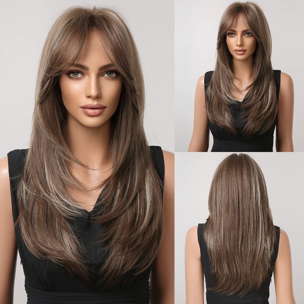 HAIRCUBE Dark Brown Wigs for Women,Long Layered Brown with Highlight Wigs with Bangs Heat Resistant Synthetic Fibre Wigs(pelucas