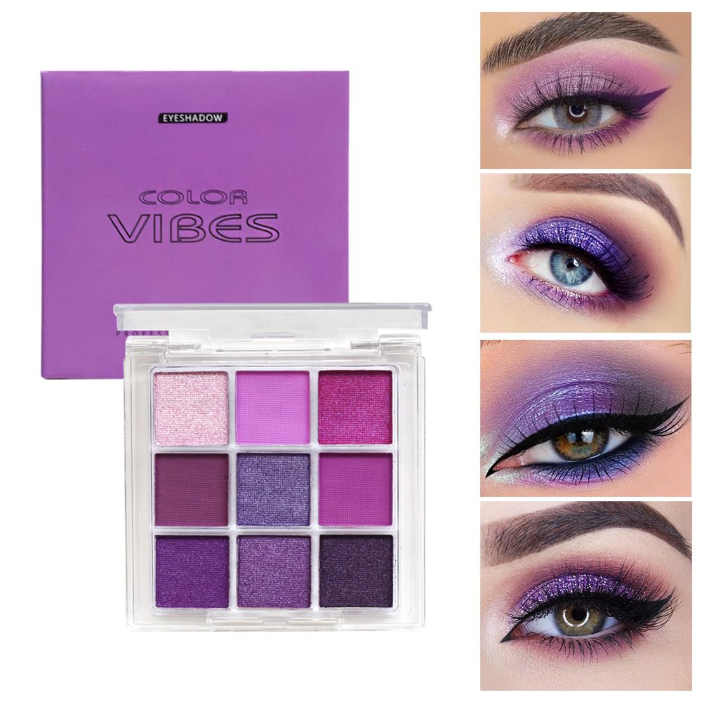 Yeweian Purple Glitter Matte Eyeshadow Palette, 9 Colors Shimmer High Pigmented Eyeshadow Powder, Dream Purple Eye Shadow Palett