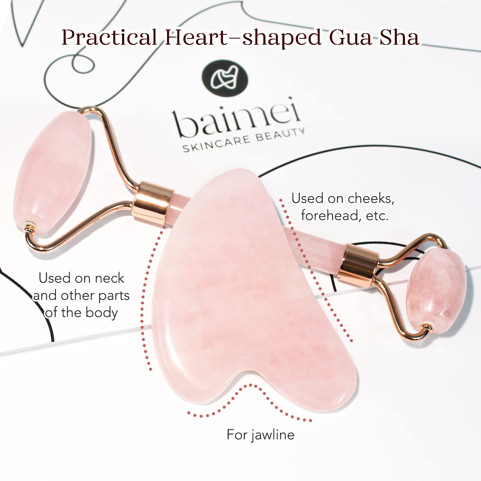 BAIMEI Jade Roller & Gua Sha Set - Pink Face Roller for Redness Reduction, Fine Lines Relief - 2 Piece Skin Care Tools for Men & Women