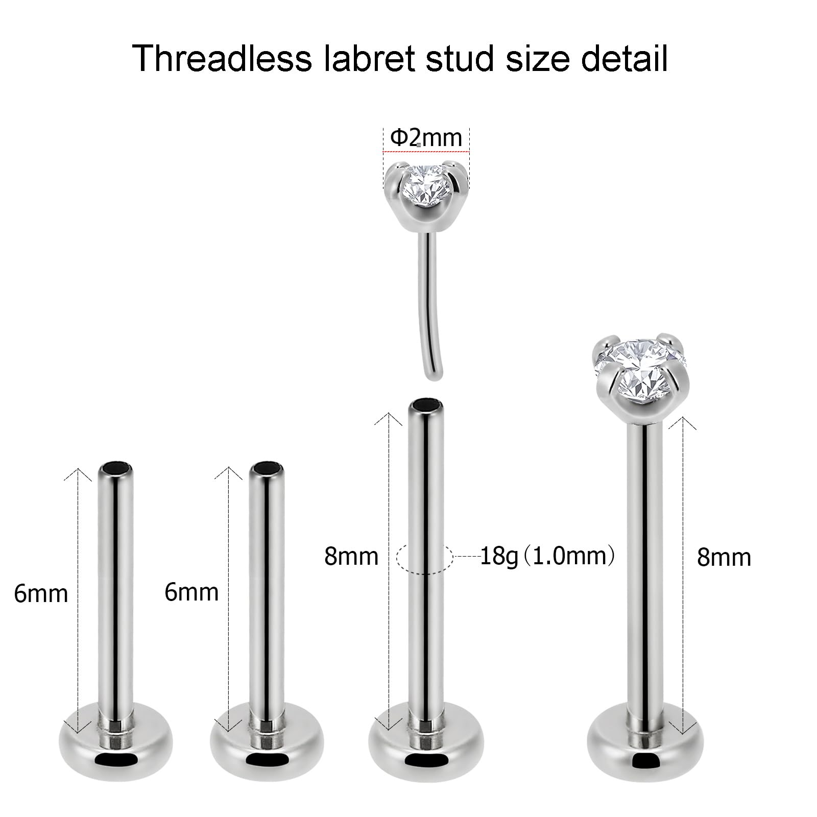 NewkeepsR 2PCS-1.0mm(18g) Implant Grade Titanium Press Fit Threadless Push Pop In 2.0mm CZ Top Labret Lip Nose Earring Studs Pie