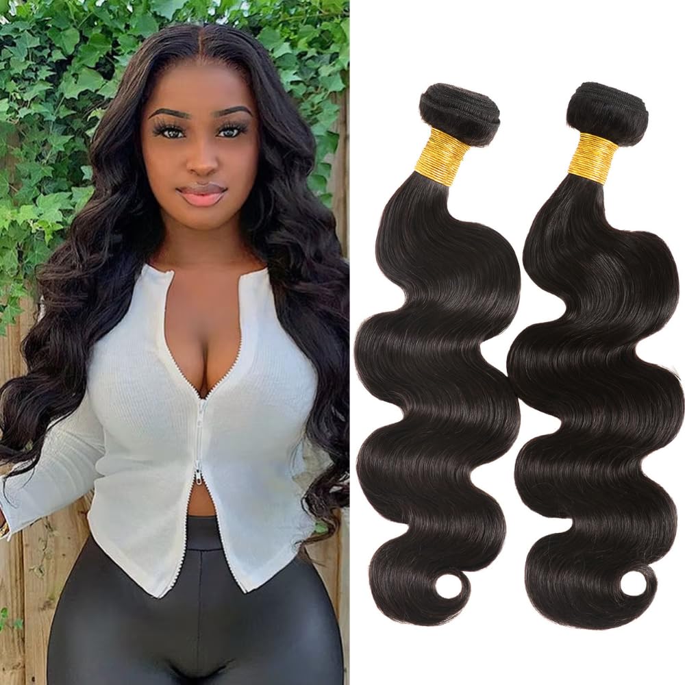 Huarisi 10A Brazilian Body Wave Bundles 12-14 Inch Human Hair, 100% Unprocessed Virgin, 2 Bundles, Natural Black, Wavy, Sew-In, 