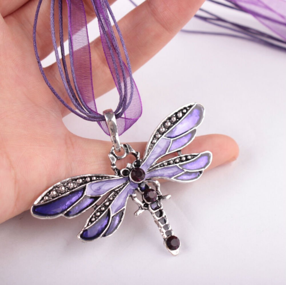 AKOAK Fashion Creative Bohemian Jewelry Ethnic Multi-layer Chain Colorful Enamel Dragonfly Pendant Necklace?Purple?