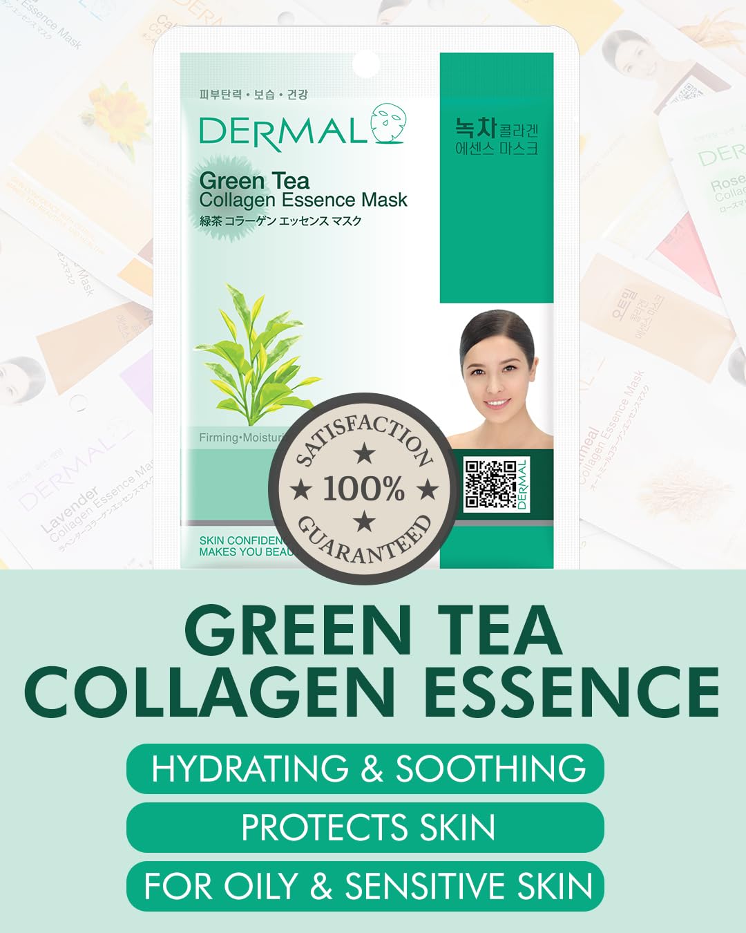 Dermal Green Tea Collagen Essence Facial Mask Sheet 23G Pack Of 100 - Hydrating And Soothing For Sensitive Oily Skin, Revitalize