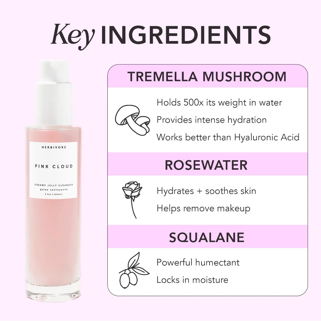 Herbivore Pink Cloud Hydrating Jelly Cleanser - Rosewater + Tremella Face Wash & Makeup Remover For Sensitive Skin, Plant-Based,