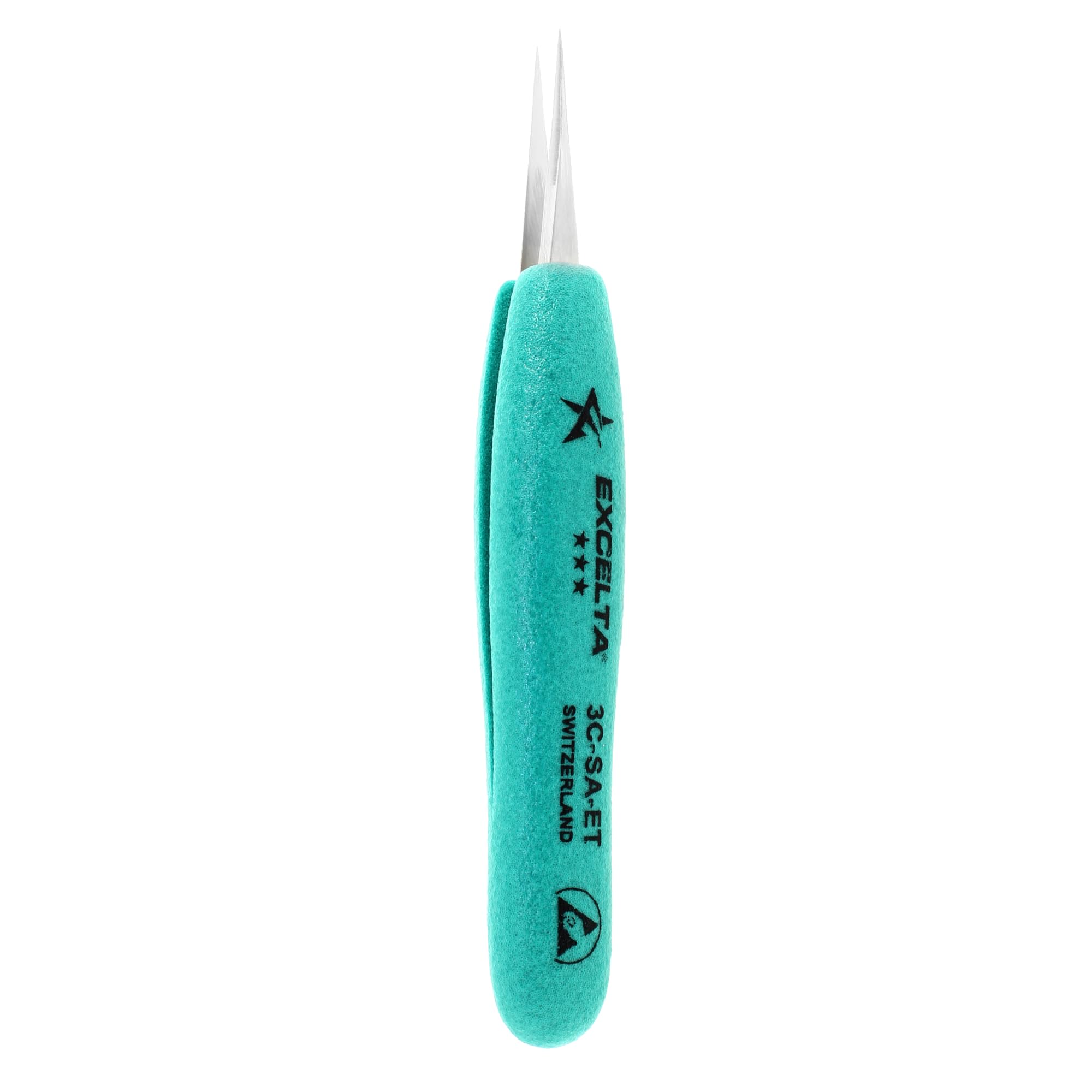 Excelta 3C-SA-ET Straight Very Fine Precision Pointed Tweezers, Ergo-Tweeze TealShield Soft Cushioned Grips, Anti-Magnetic Never