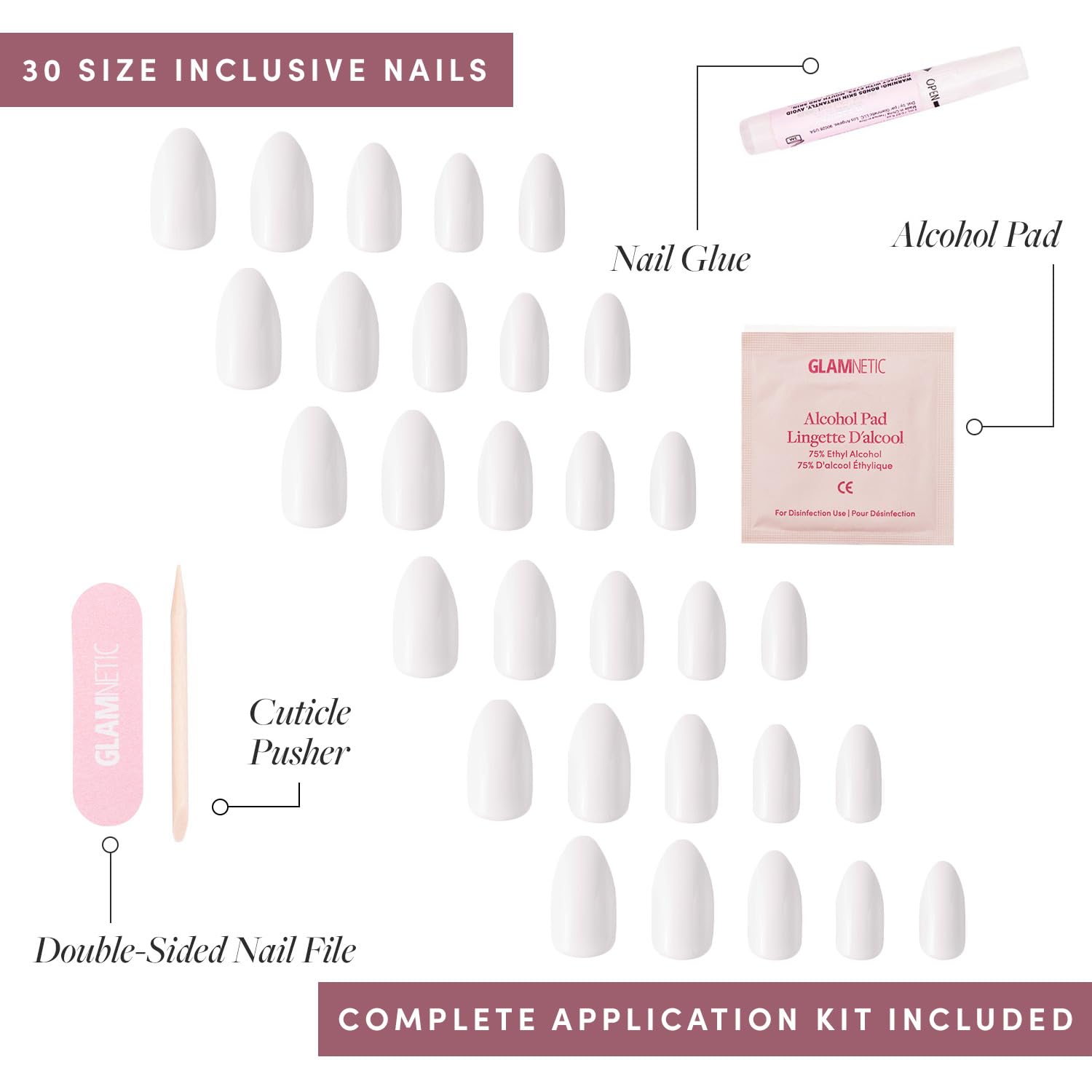 Glamnetic Press On Nails - Angel | Opaque White Short Almond Nails, Reusable | 12 Sizes - 24 Nail Kit