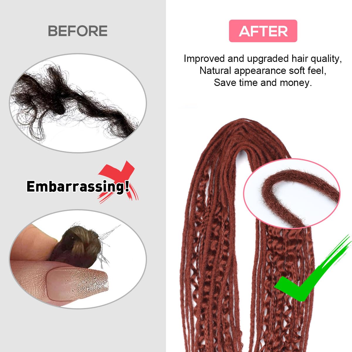 Kraler 24 Inch Mixed De Dreadlock Extensions Sets, 3 In 1 20 Strands Synthetic Double Ended Dreads Extensions, Copper Red Hippie