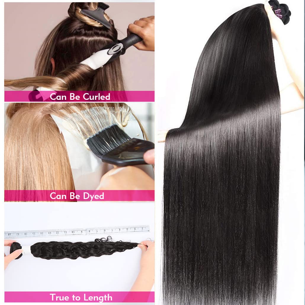 Younsolo Straight Bundles Human Hair 4 Bundles 14 16 18 20 Inches Straight Hair Bundles Brazilian Virgin Hair Natural Black Colo