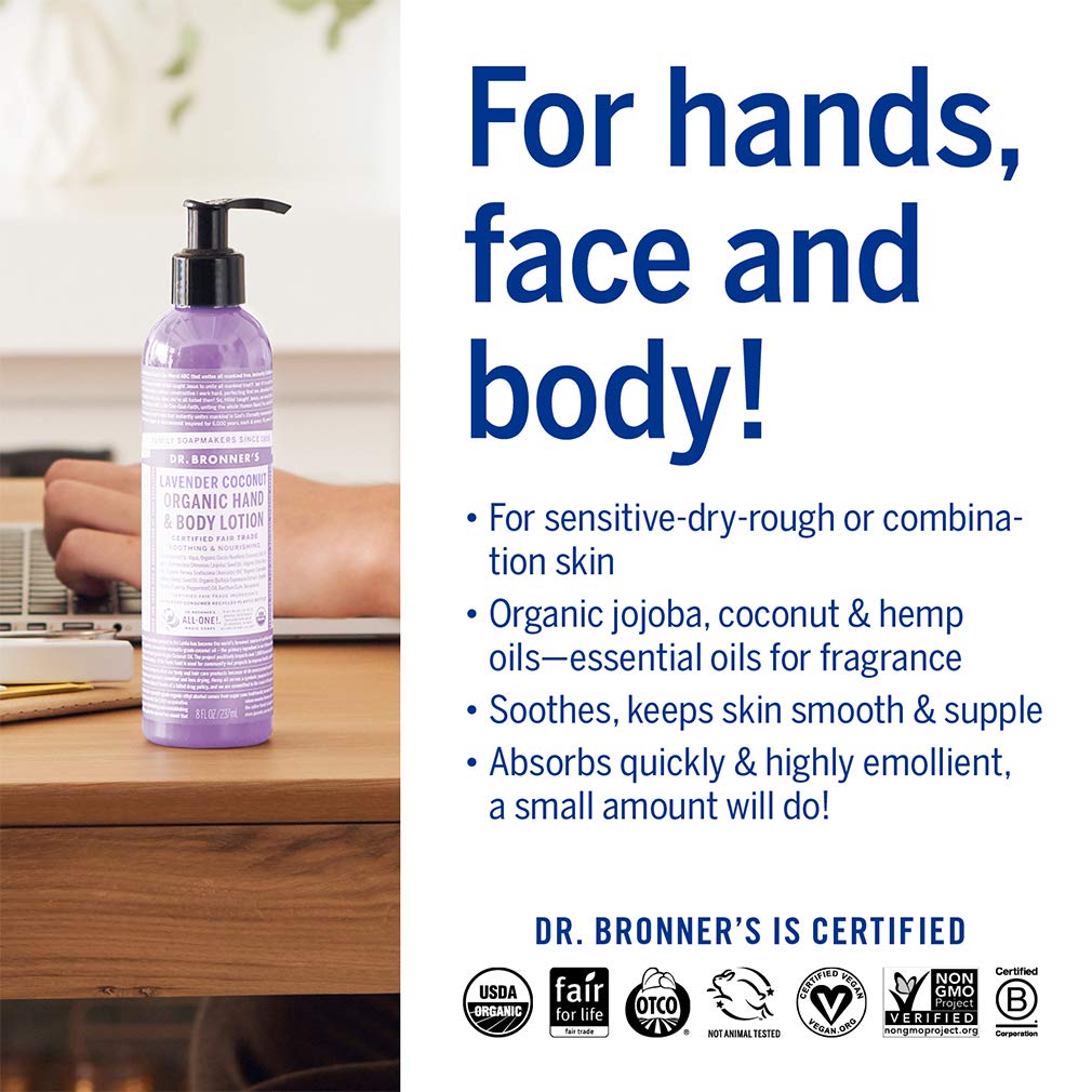 Dr. Bronner'S - Organic Lotion (Lavender Coconut, 8 Ounce) - Body Lotion And Moisturizer, Certified Organic, Soothing For Hands,