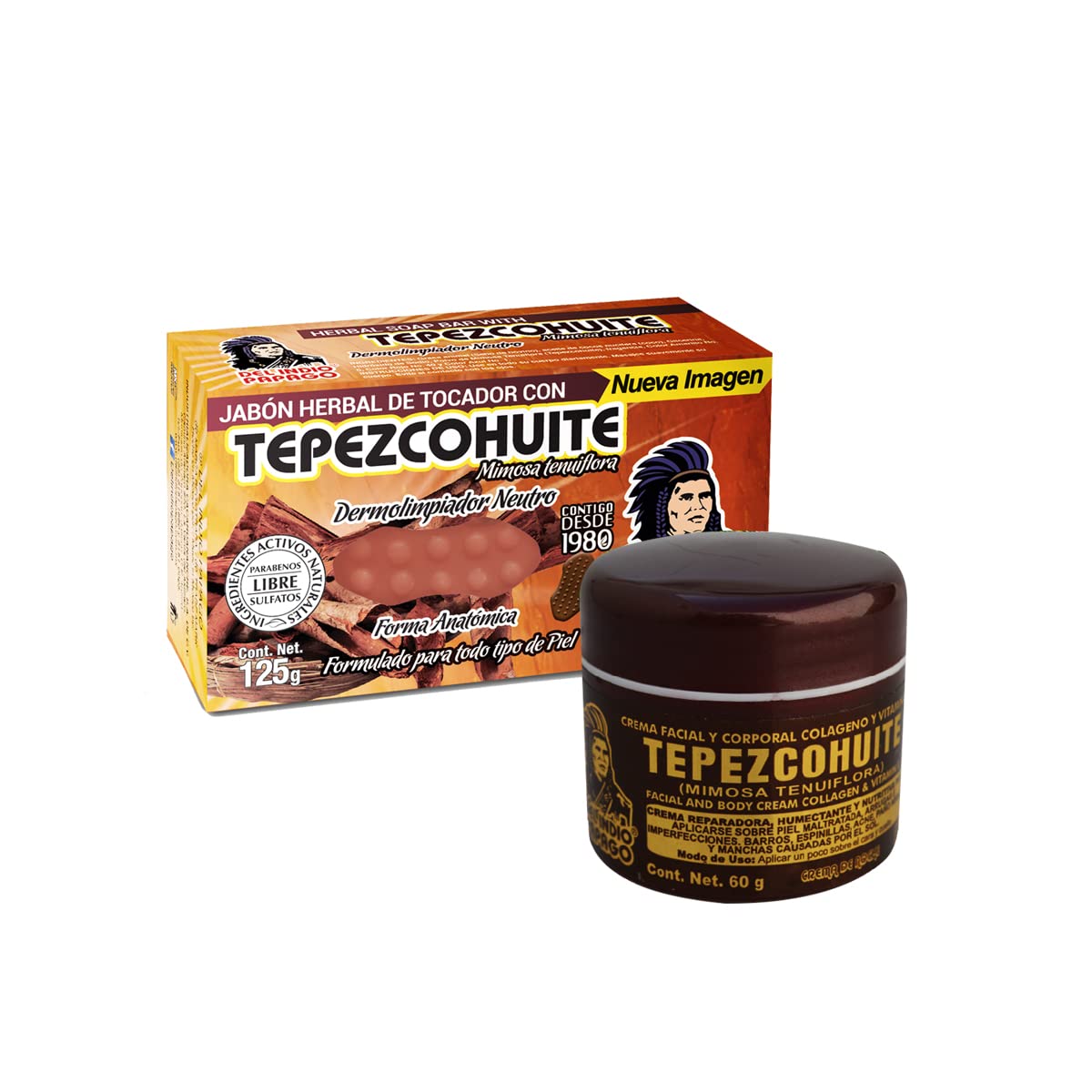 DEL INDIO PAPAGO Tepezcohuite Night Facial Skin Cream 60g / 2.02 Fl Oz + Neutral Soap with Tepezcohuite 125g - Mexican Beauty - 