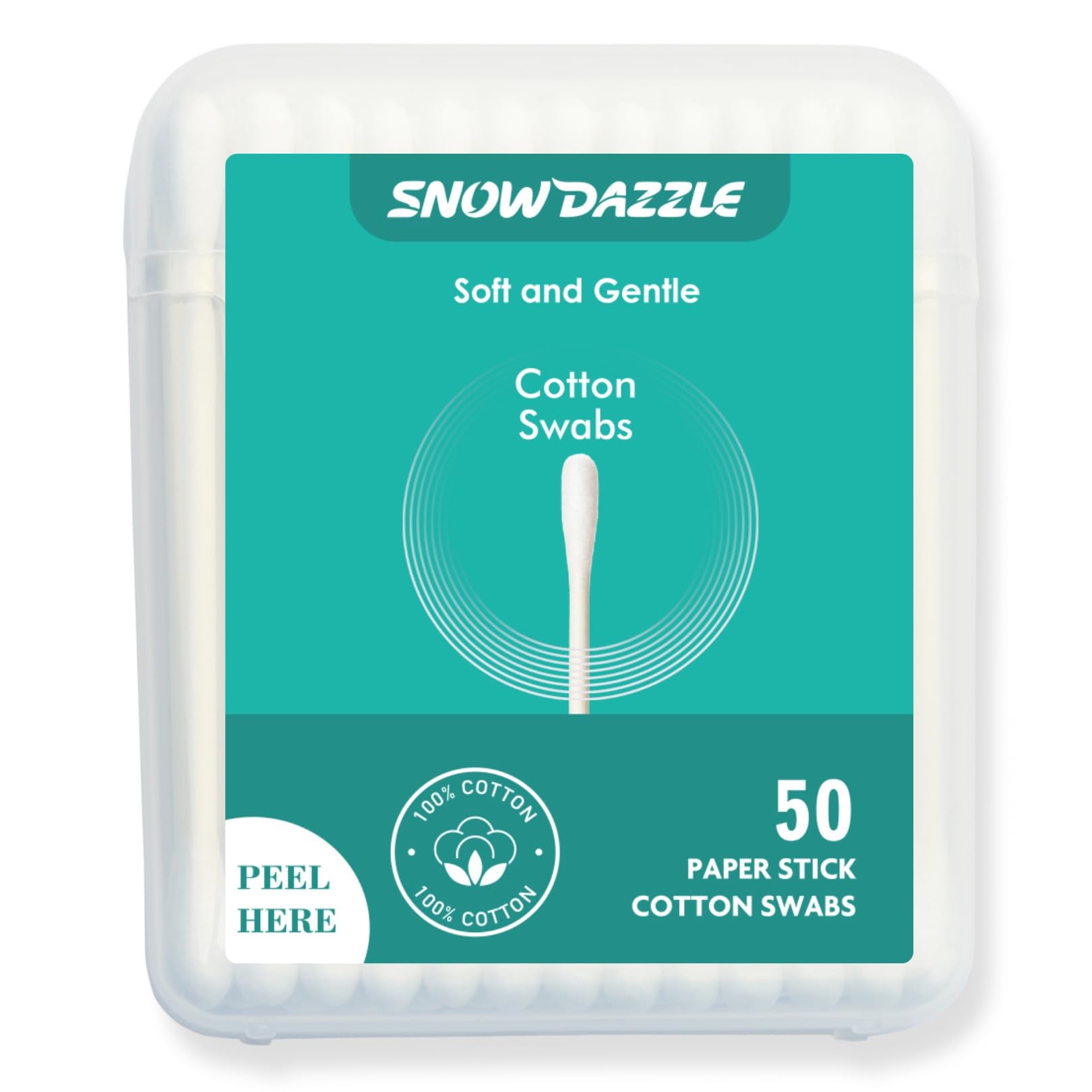 SNOWDAZZLE 50 Counts Travel Size Pure Cotton Swabs, Sturdy Paper Sticks, 3 Inch, Double Rounded Tips for Makeup, Cleaning and Ev