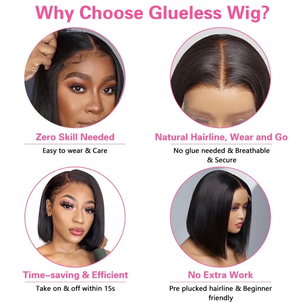 Wear And Go Glueless Bob Wigs Human Hair Pre Plucked Natural Hairline Straight Short Bob Wig 180 Density 4X4 Hd Lace Closure Wig