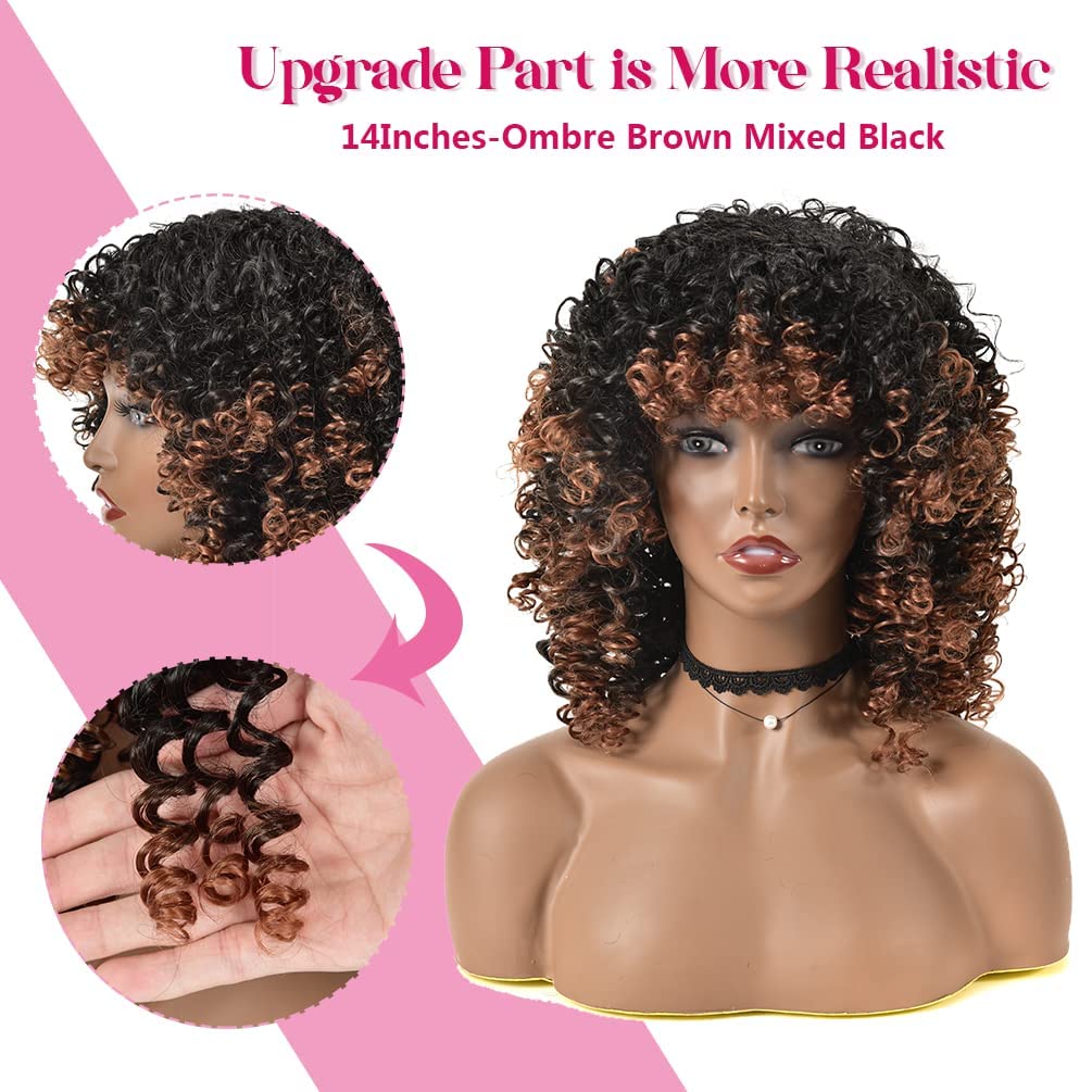 Curly Wigs For Black Women - Brown Mixed Black Synthetic Hair African American Full Kinky Curly Afro Wig With Bangs