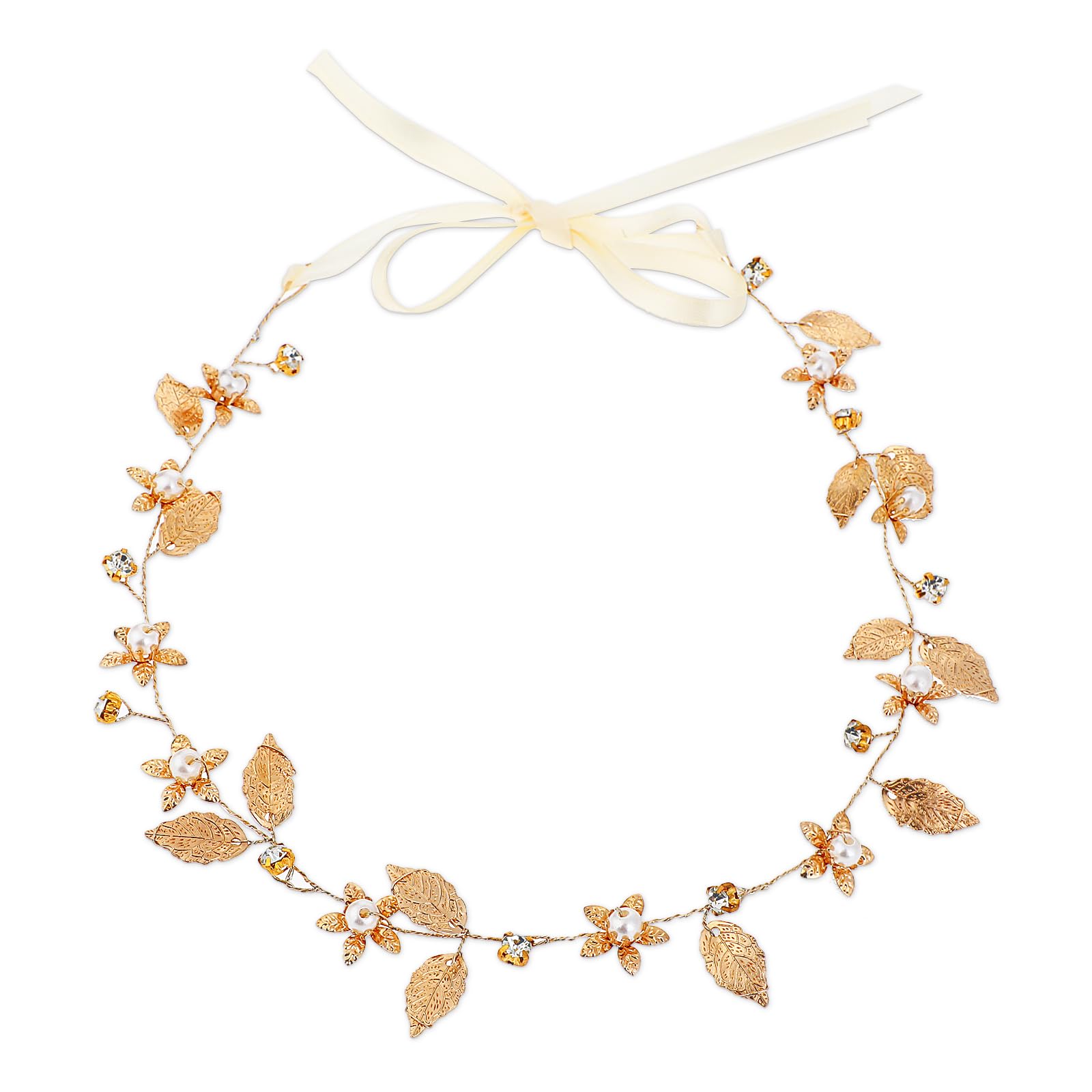 KALIONE Gold Leaf Headband Wedding Bridal Boho Hair Piece Flower Girl Headpiece Pearl Accessories for Kids Gold Hair Vine for Pr
