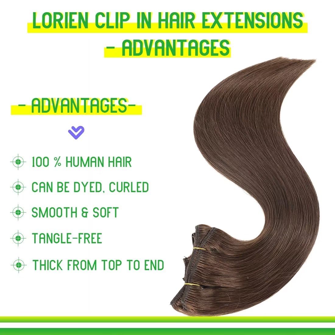 Lorien Clip In Hair Extensions Real Human Hair, 20 Inch 105G, 4 Dark Brown, Clip In 100% Brazilian Remy Human Hair Extensions 8P