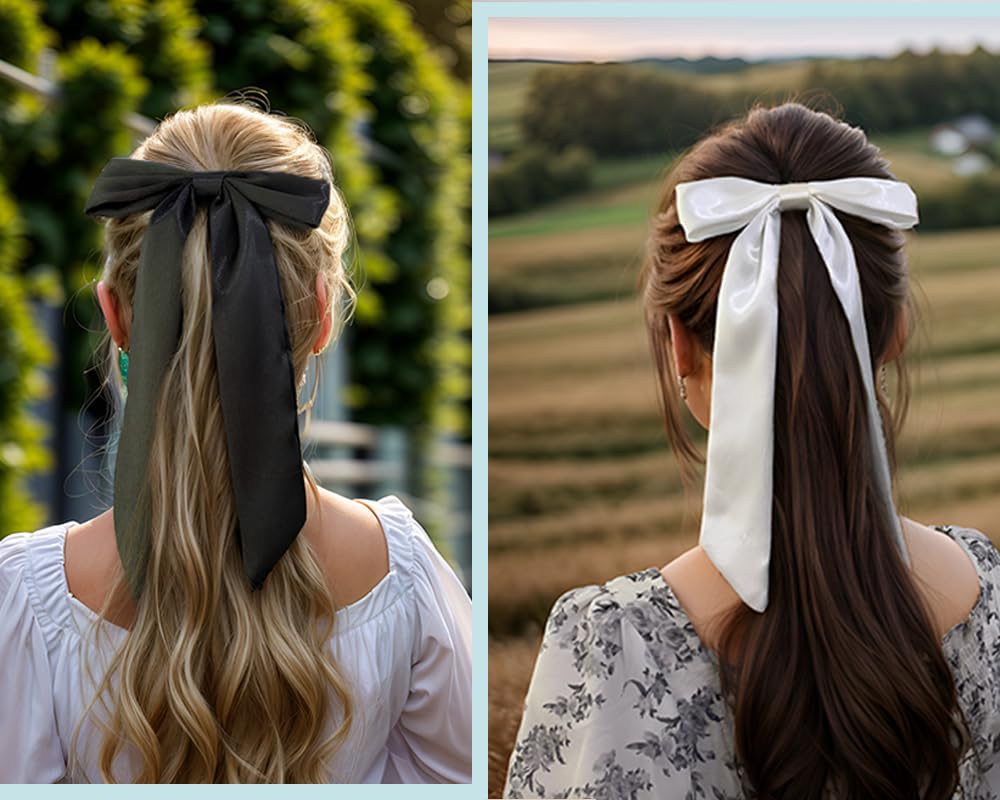 Furling Pompoms Hair Accessories: Big Black & White Satin Bows With Long Tails For Hair And Ponytails, Ribbons, And Hair Clips F