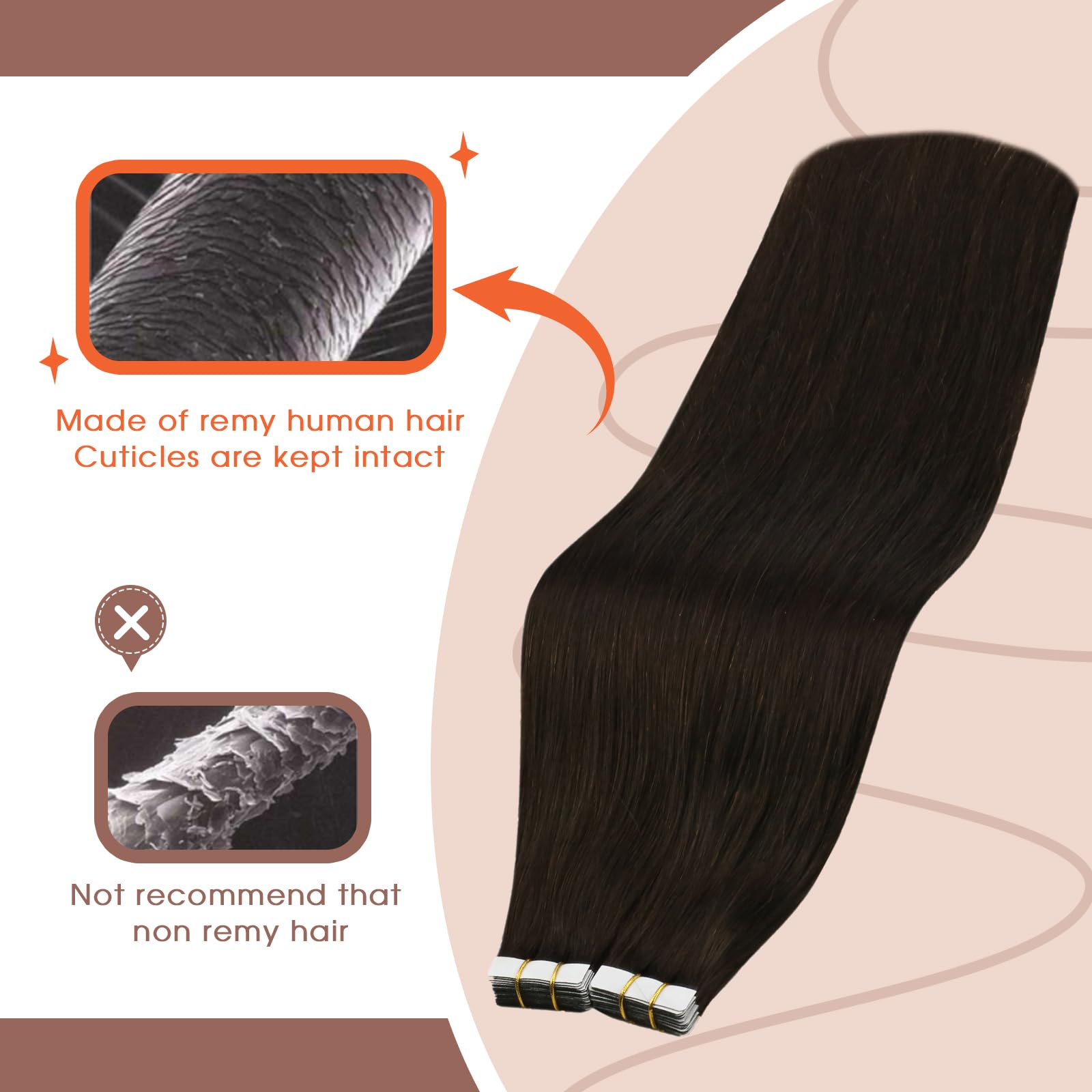 Sunny Hair Tape in Hair Extensions Real Human Hair Invisible Remy Hair Extensions Tape ins for Women Darkest Brown 24 inch 25G