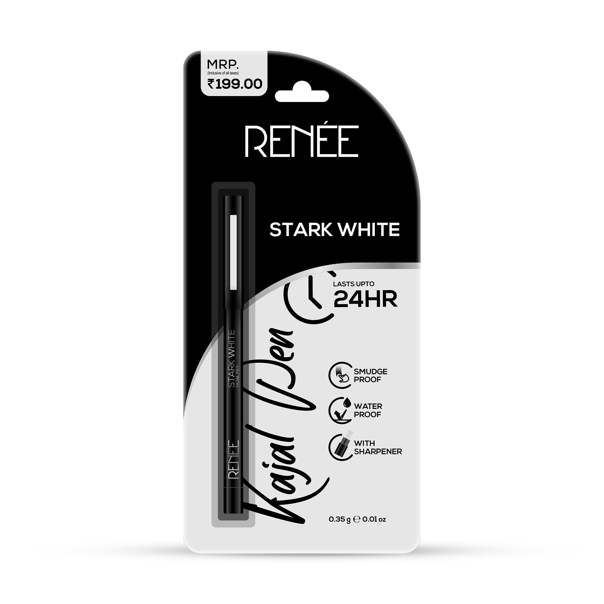 Renee Kajal Pen With Sharpener - Stark White | 24 Hrs Stay | Long Lasting Kohl Pencil | Matte Finish | Rich Color Payoff | Smudg