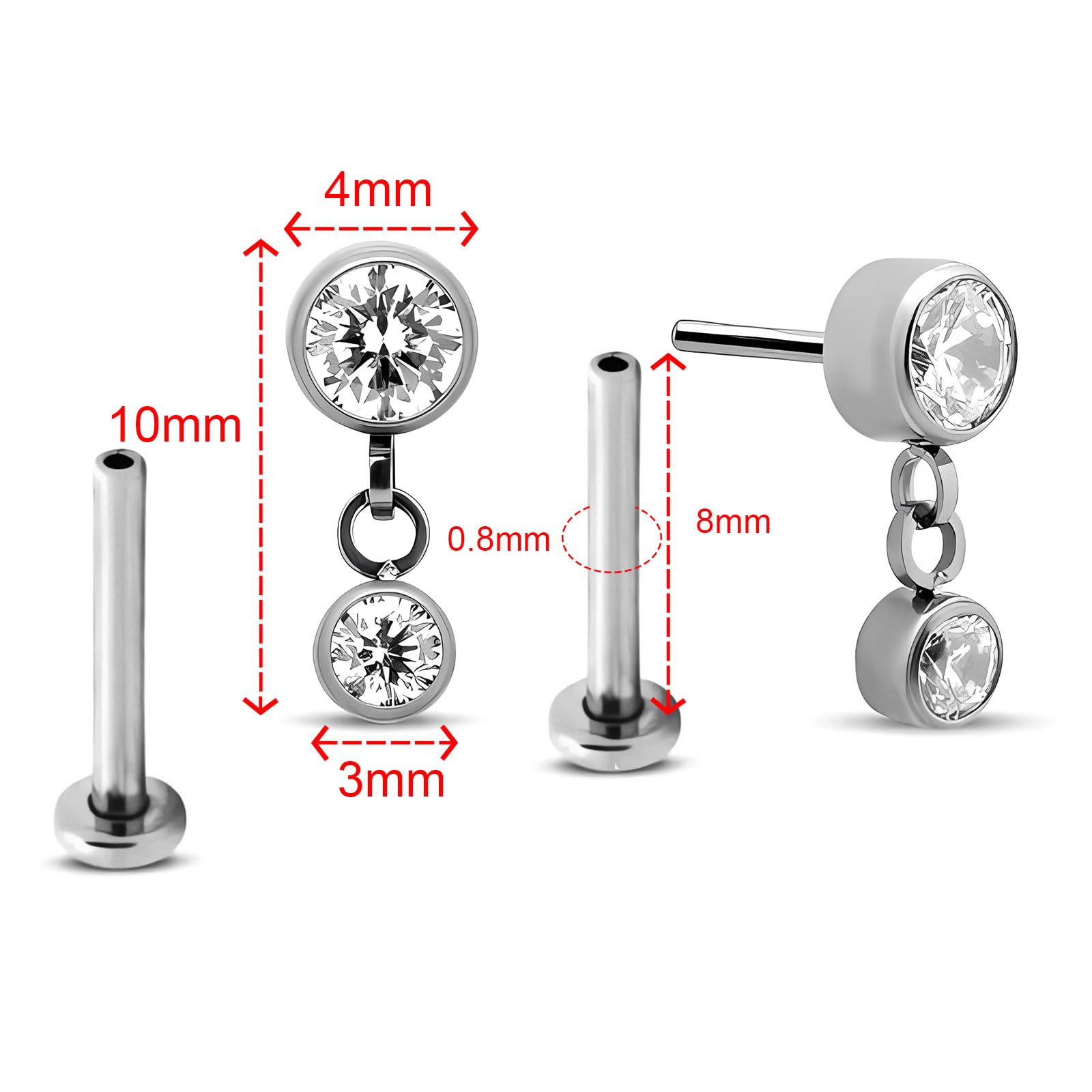 NewkeepsR 2PCS-0.8mm(20g) Titanium Flat Back Dangle Earring Studs, Press Fit Threadless Push Pop In Labret Lip Monroe Tragus Pie