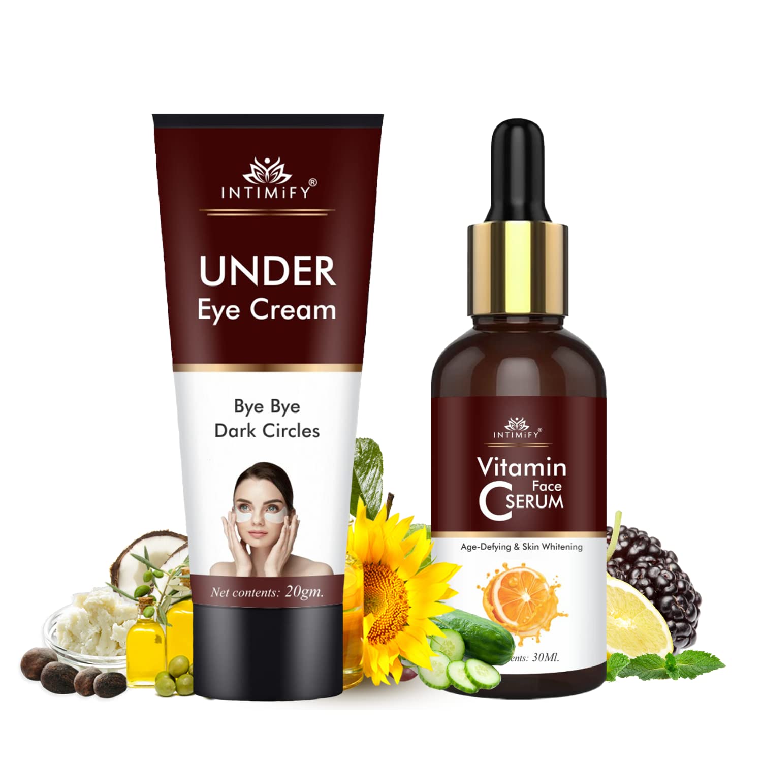 Intimify Under Eye Cream For Dark Circles & Vitamin C Face Serum For Women & Men (Pack Of 2)
