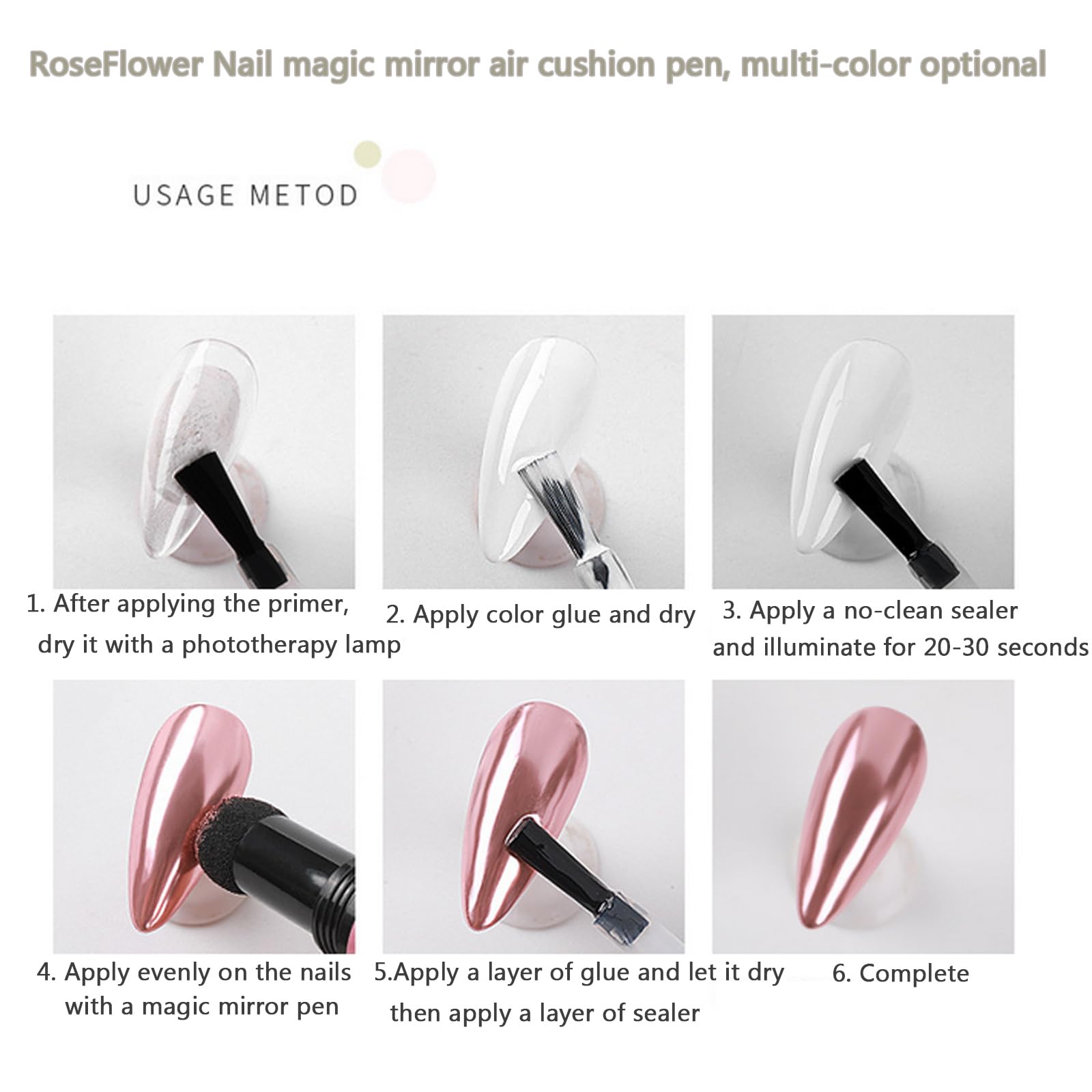 Rose Gold Chrome Nail Powder Pen,Roseflower 6 Pcs Metallic Nail Art Pigment Powder Pen Set, Shiny Nail Glitter Powder Air Cushio