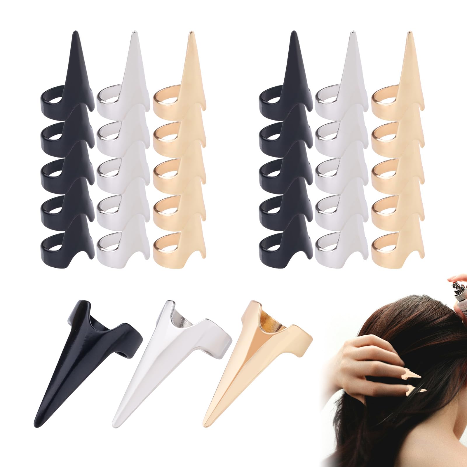 SNOMEL 30 Pieces Metal Hair Parting Ring, Sectioning and Stitch Braiding Finger Tool for Salon Curling Extensions, Retro Claw Ri