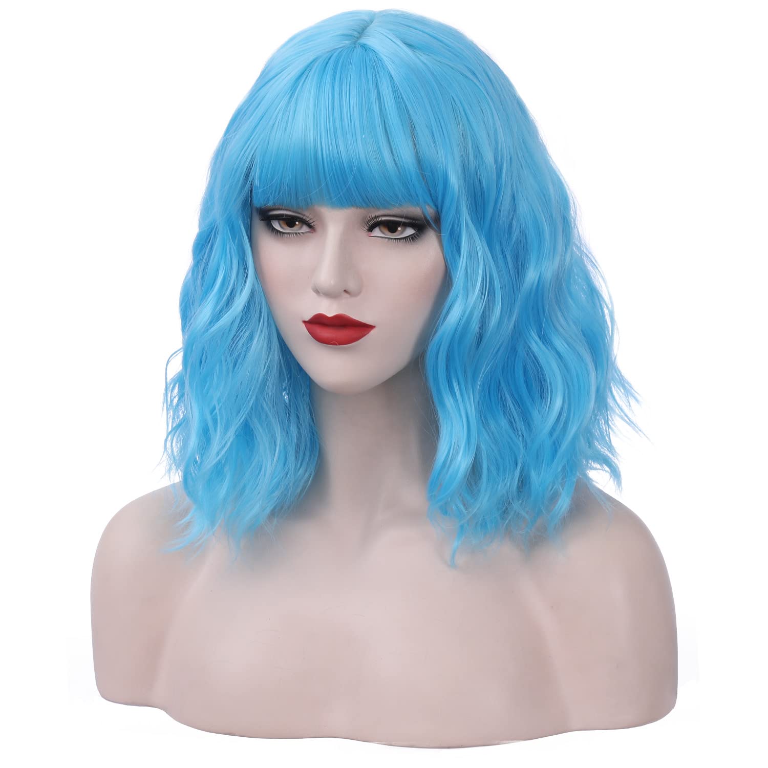 PATTNIUM 14 Inches Blue Wig Short Wavy Wig Sky Blue with Bangs Blue Bob Wig Women Girls Heat Resistant Synthetic Wig (Sky Blue)