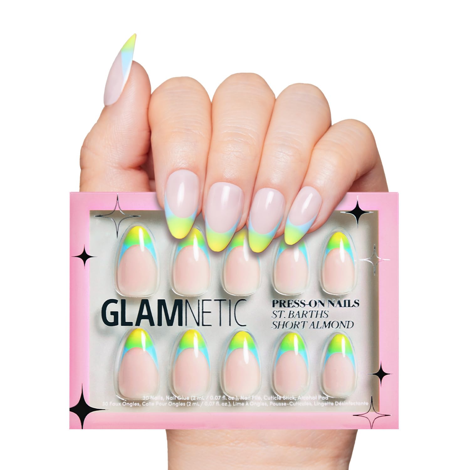 Glamnetic Press On Nails - St. Barths | Semi-Transparent Ombre French Tip Short Almond Nails, Reusable | 15 Sizes - 30 Nail Kit